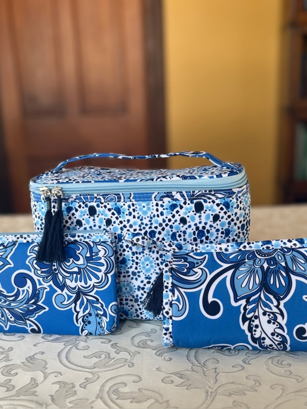 Modella Blue Floral dot and Paisley  Cosmetic Pouch Set
